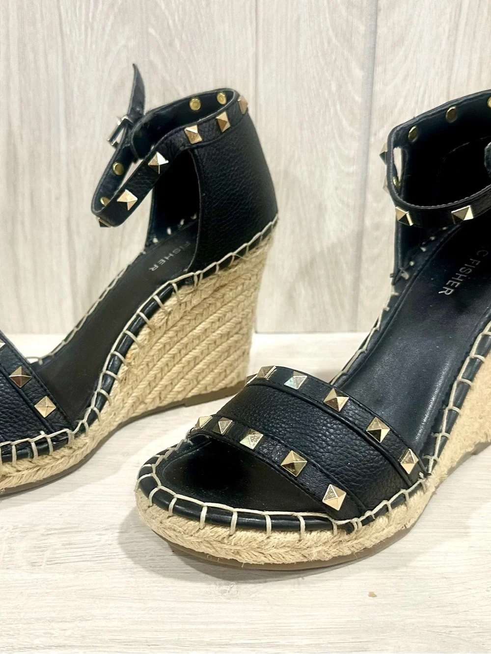 Marc Fisher Black Studded Espadrille Wedge Sandals Size 7 - Picture 3 of 9
